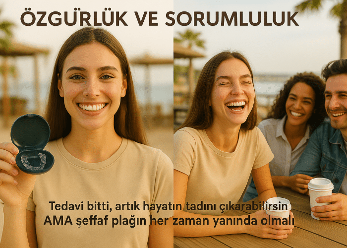 Tedavi bitti, artık hayatın tadını çıkarabilirsin AMA koruyucun her zaman yanında olmalı" mesajını verir. Hem kazanılan özgürlüğü hem de devam eden sorumluluğu tek karede birleştirir. Okuyucuya ilham verir ve retainer kullanımının sosyal hayata engel olmadığını gösterir.