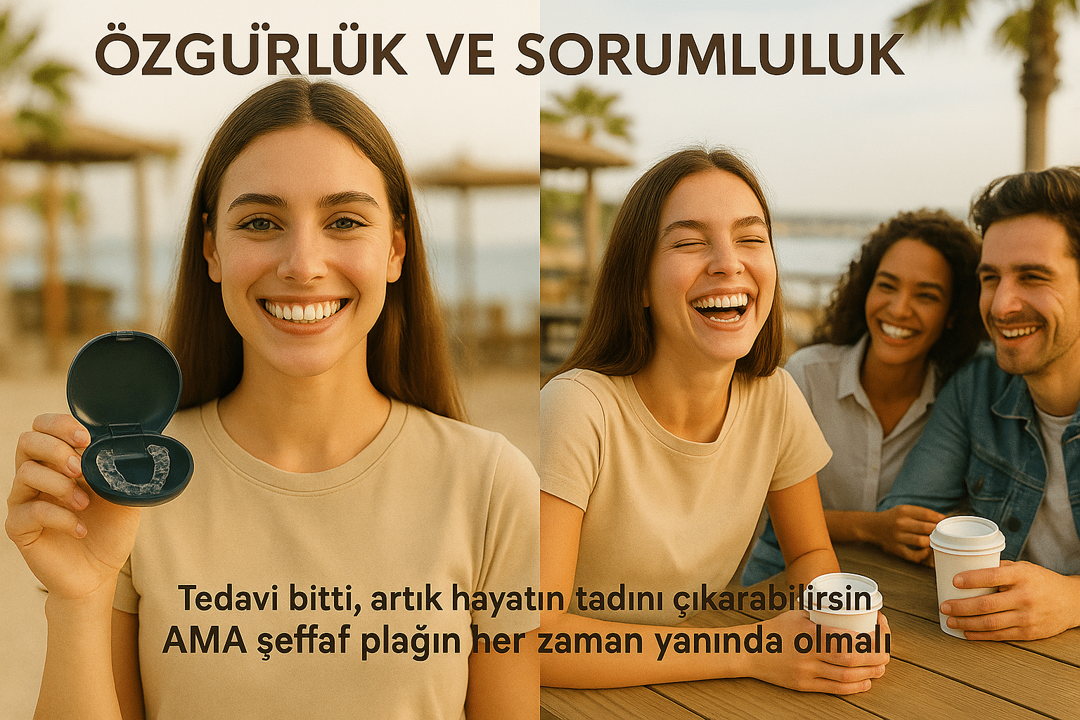 Tedavi bitti, artık hayatın tadını çıkarabilirsin AMA koruyucun her zaman yanında olmalı" mesajını verir. Hem kazanılan özgürlüğü hem de devam eden sorumluluğu tek karede birleştirir. Okuyucuya ilham verir ve retainer kullanımının sosyal hayata engel olmadığını gösterir.